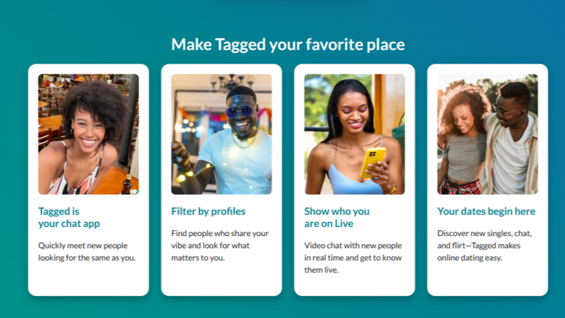 Tagged offers profile based matching, quick messaging, and live video interaction.